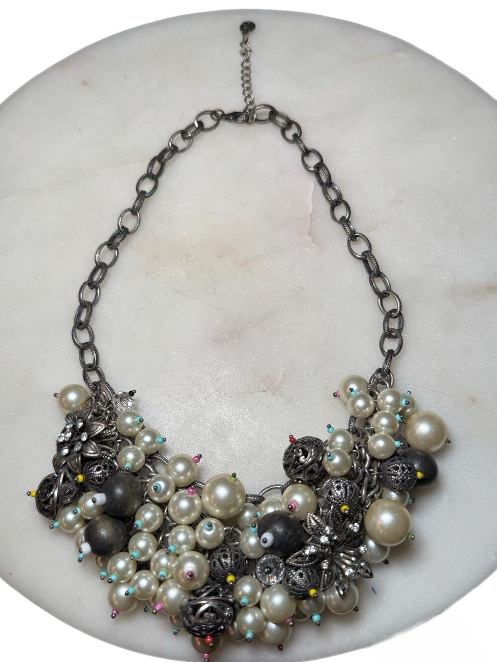 EAM Statement Necklace Faux Pearl Beads Multicolor Tip Accents Silver Tone